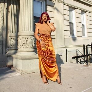Kai Orange Crushed Velvet Maxi Skirt